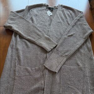 Ann Taylor Taupe Long Cardigan Sweater Jacket with Shimmer Threads